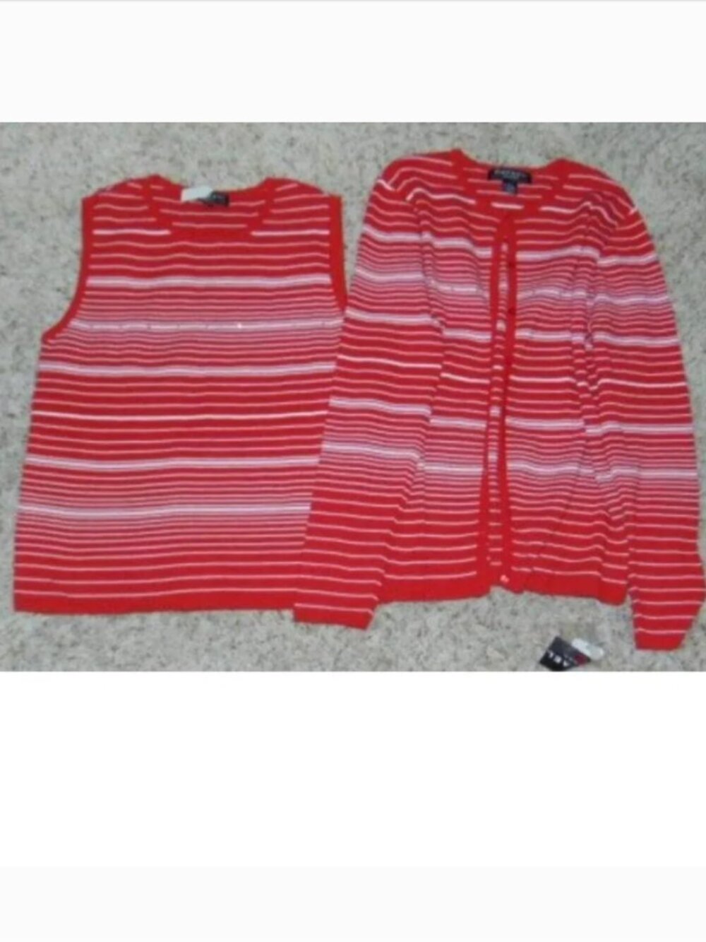 Rafael Cardigan Sweater Set Womens L Red White Striped Sleeveless Shirt 2 Pc $99